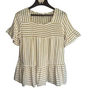 Yellow Cream Striped Short Sleeve Ruffle Smocked Square Neck Peplum Blouse Small